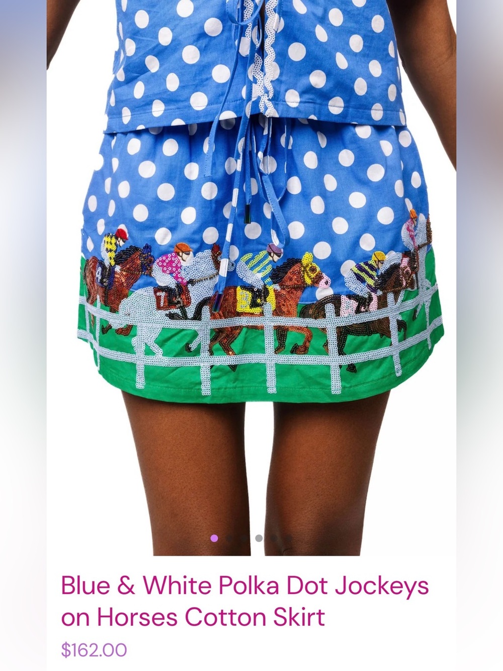 QUEEN OF SPARKLES Blue and White Polka Dot Jockey Embroidered Mini Skirt